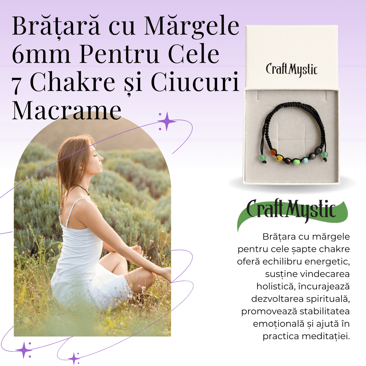 Bratara Handmade Reglabila cu Margele 6mm pentru Cele 7 Chakre si Ciucuri Macrame