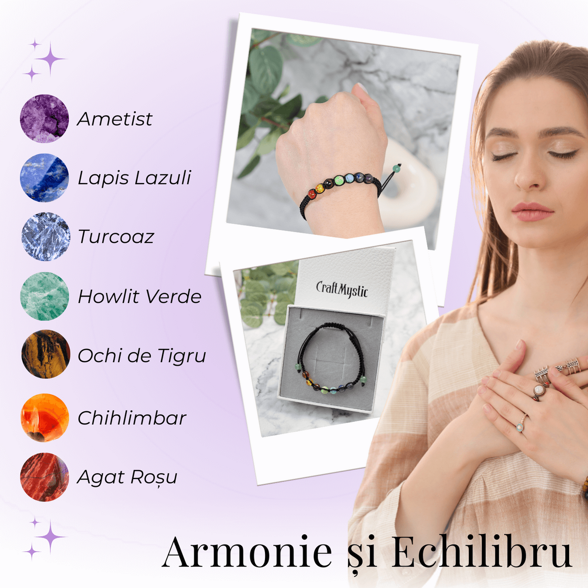 Bratara Handmade Reglabila cu Margele 6mm pentru Cele 7 Chakre si Ciucuri Macrame