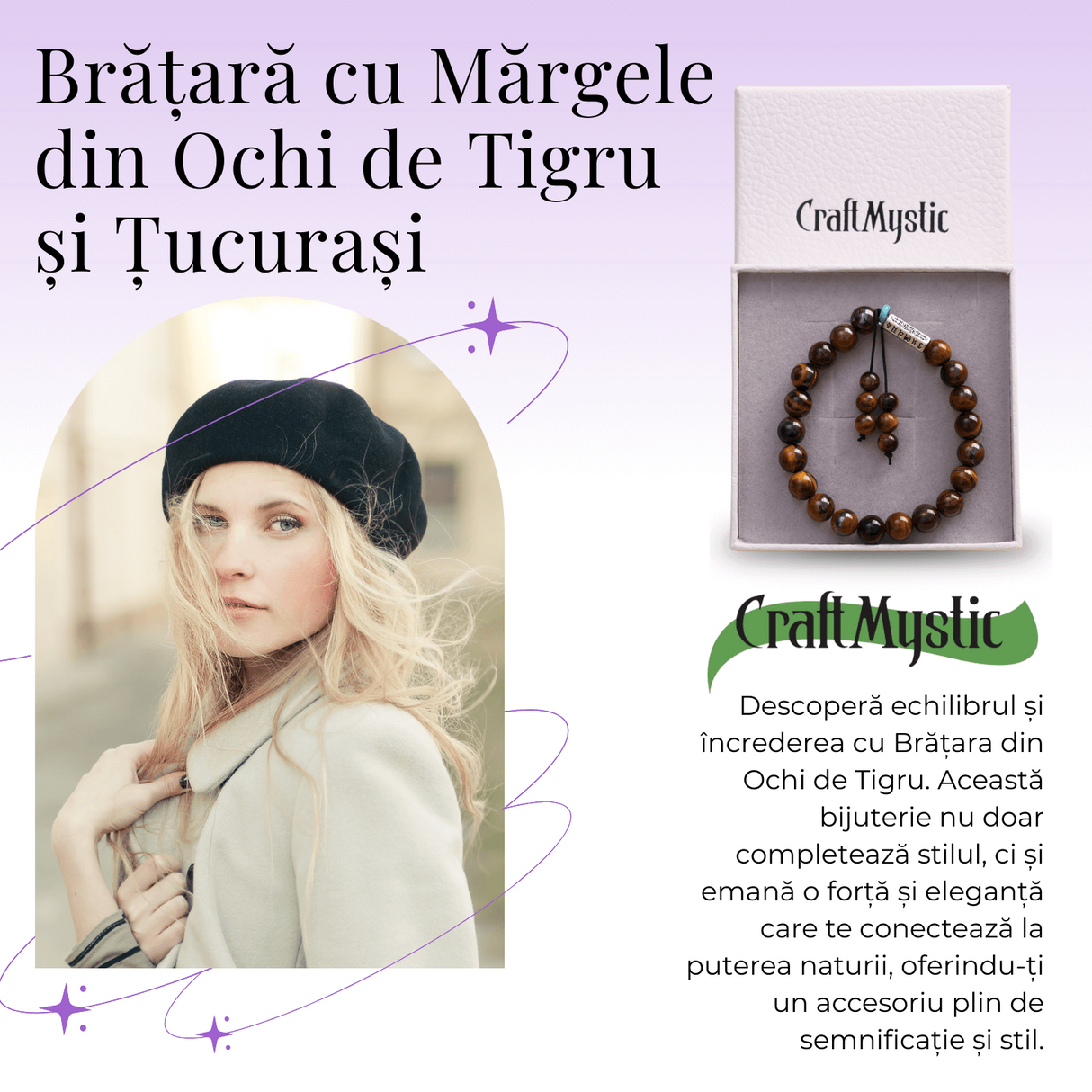 Bratara Elastica cu Margele 6mm din Pietre Semipretioase Ochi de Tigru, Tucurasi si Pandativ