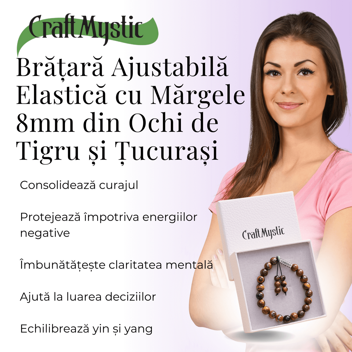 Bratara Elastica cu Margele 6mm din Pietre Semipretioase Ochi de Tigru, Tucurasi si Pandativ