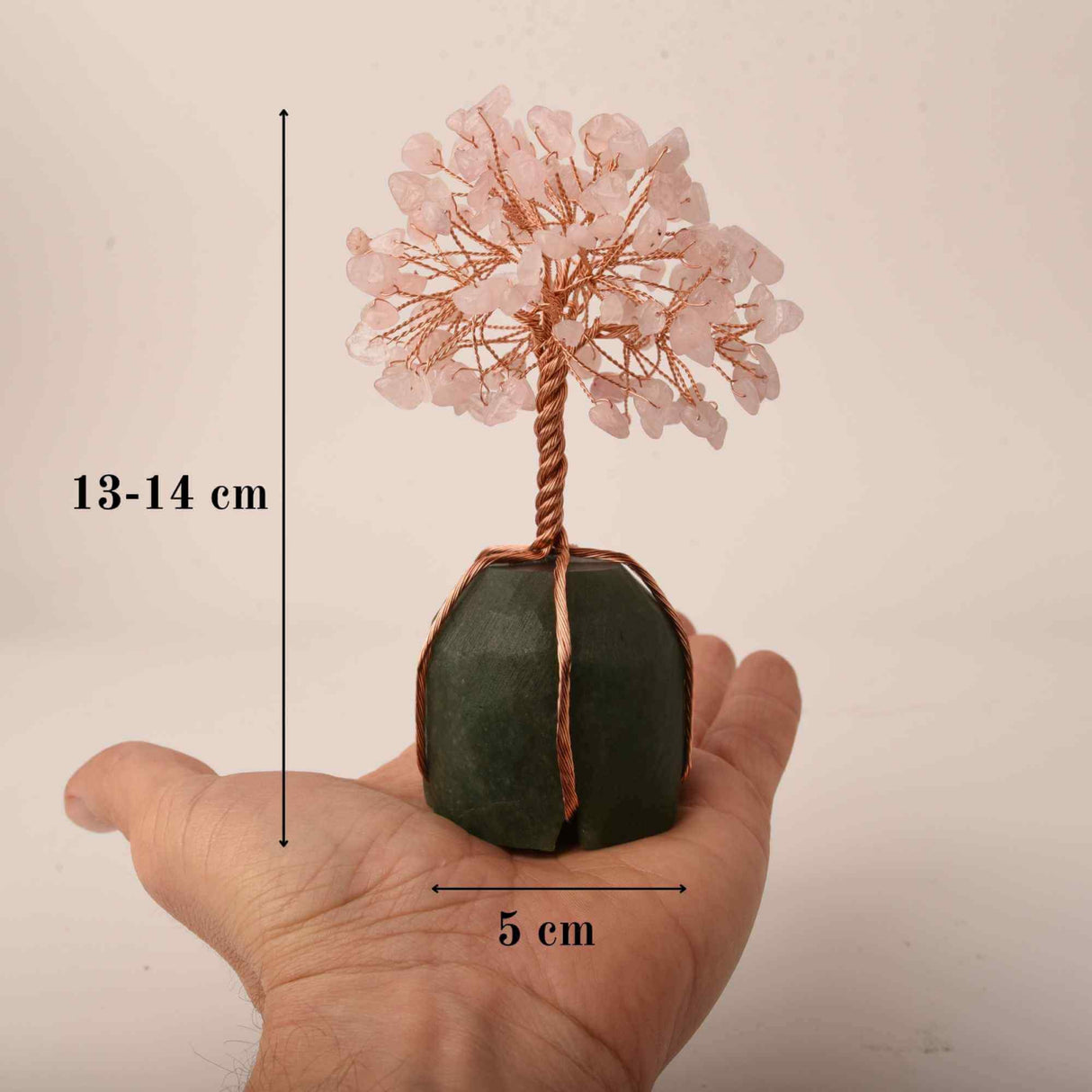 Arborele vietii 13-14 cm din pietre semipretioase polisate de cuart roz si baza de piatra naturala de aventurin verde - Copacel de cristal pentru energie pozitiva atrage norocul, decor Feng Shui, cad