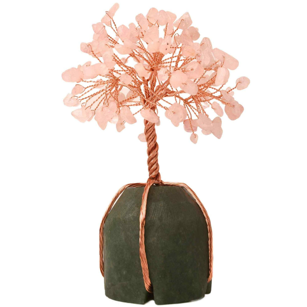 Arborele vietii 13-14 cm din pietre semipretioase polisate de cuart roz si baza de piatra naturala de aventurin verde - Copacel de cristal pentru energie pozitiva atrage norocul, decor Feng Shui, cadou spiritual