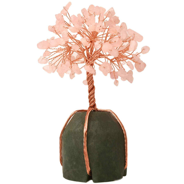 Arborele vietii 13-14 cm din pietre semipretioase polisate de cuart roz si baza de piatra naturala de aventurin verde - Copacel de cristal pentru energie pozitiva atrage norocul, decor Feng Shui, cadou spiritual