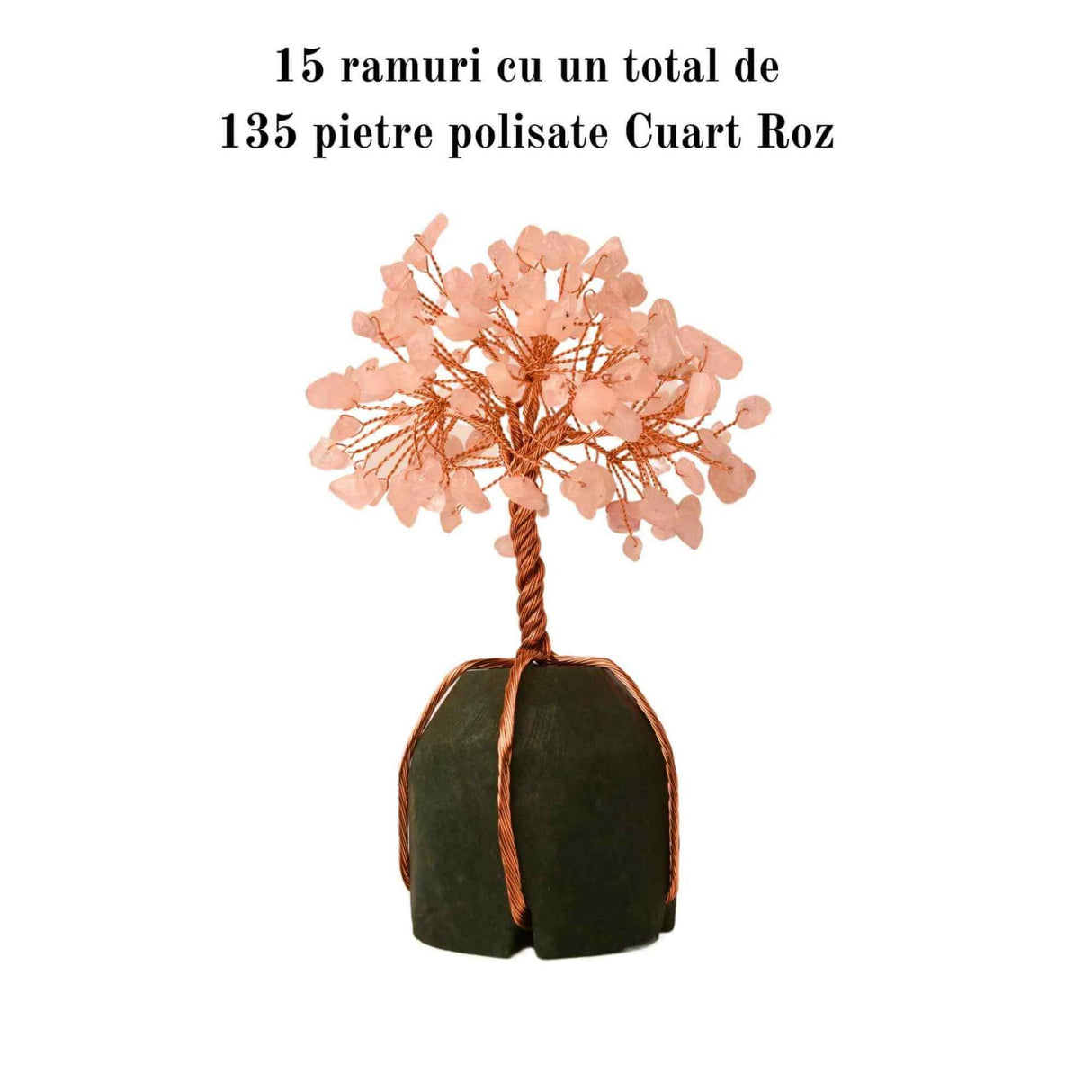 Arborele vietii 13-14 cm din pietre semipretioase polisate de cuart roz si baza de piatra naturala de aventurin verde - Copacel de cristal pentru energie pozitiva atrage norocul, decor Feng Shui, cad