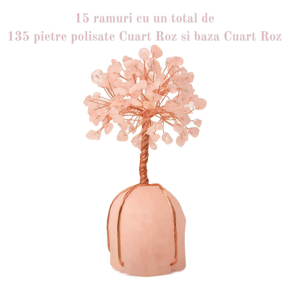 Arborele vietii 13-14 cm din pietre semipretioase polisate de cuart roz si baza de piatra naturala de cuart roz - Copacel de cristal pentru energie pozitiva  atrage norocul, decor Feng Shui, cadou spi