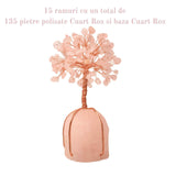Arborele vietii 13-14 cm din pietre semipretioase polisate de cuart roz si baza de piatra naturala de cuart roz - Copacel de cristal pentru energie pozitiva  atrage norocul, decor Feng Shui, cadou spi