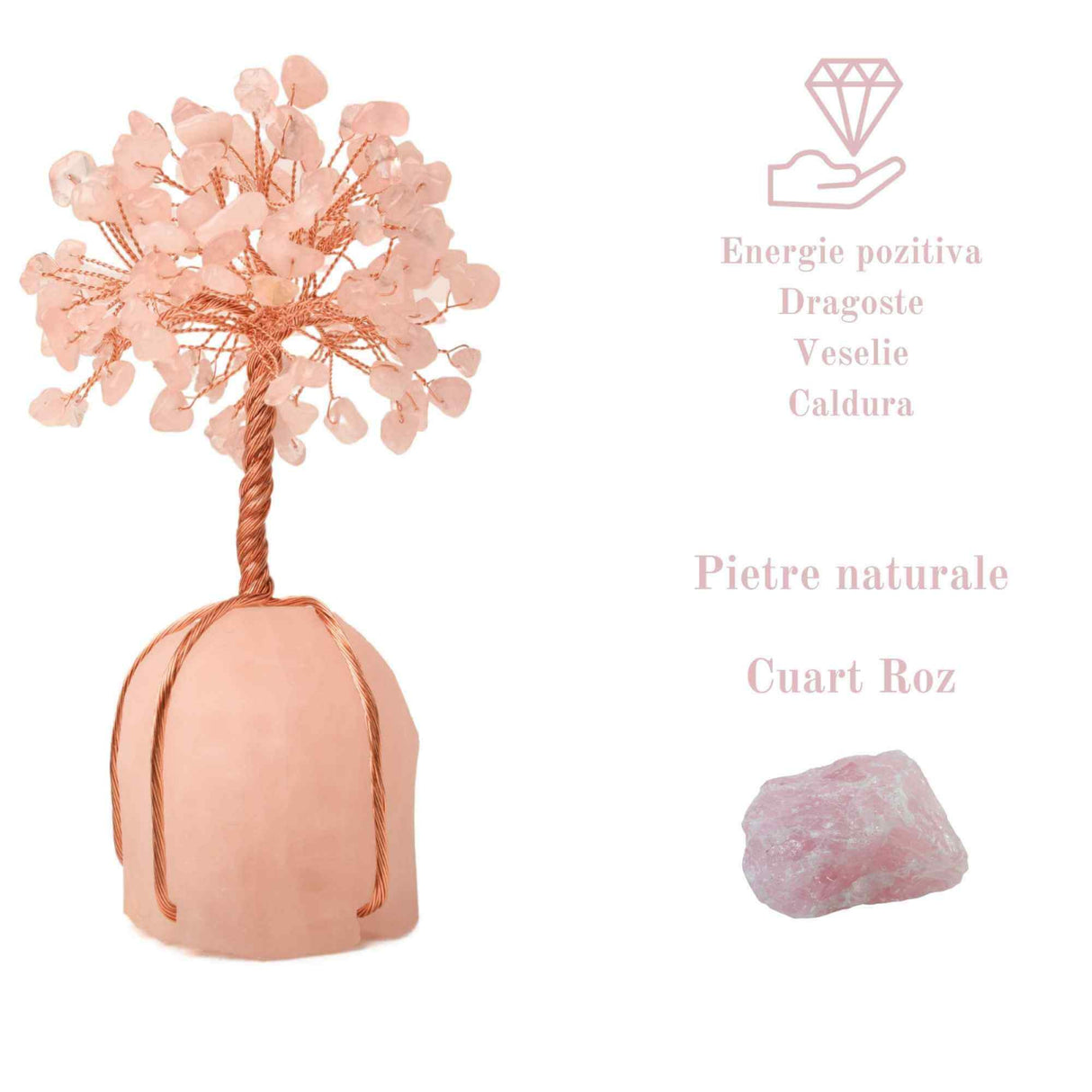 Arborele vietii 13-14 cm din pietre semipretioase polisate de cuart roz si baza de piatra naturala de cuart roz - Copacel de cristal pentru energie pozitiva  atrage norocul, decor Feng Shui, cadou spi