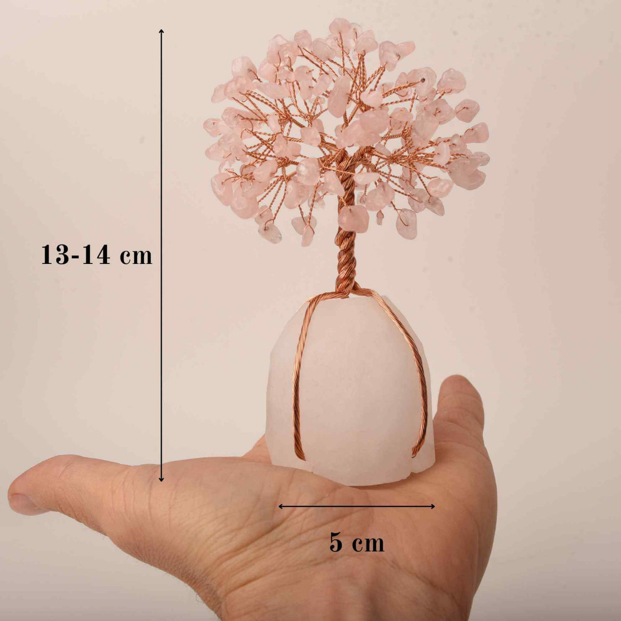 Arborele vietii 13-14 cm din pietre semipretioase polisate de cuart roz si baza de piatra naturala de cuart roz - Copacel de cristal pentru energie pozitiva  atrage norocul, decor Feng Shui, cadou spi