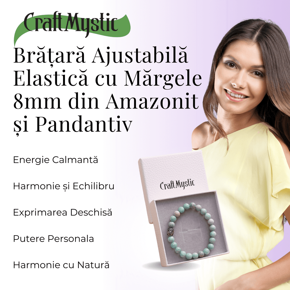 Bratara Elastica cu Margele 8mm din Amazonit Natural si Pandantiv Buddha