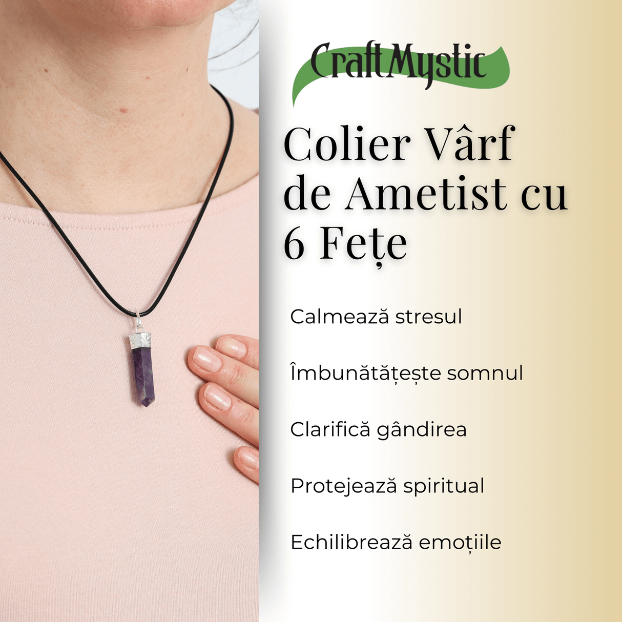 Colier Reglabil cu Pandantiv 35mm Varf de Ametist cu 6 Fete