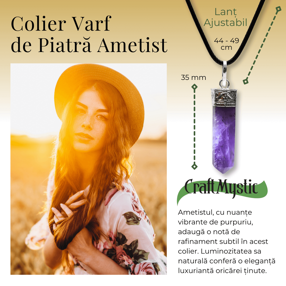 Colier Reglabil cu Pandantiv 35mm Varf de Ametist cu 6 Fete