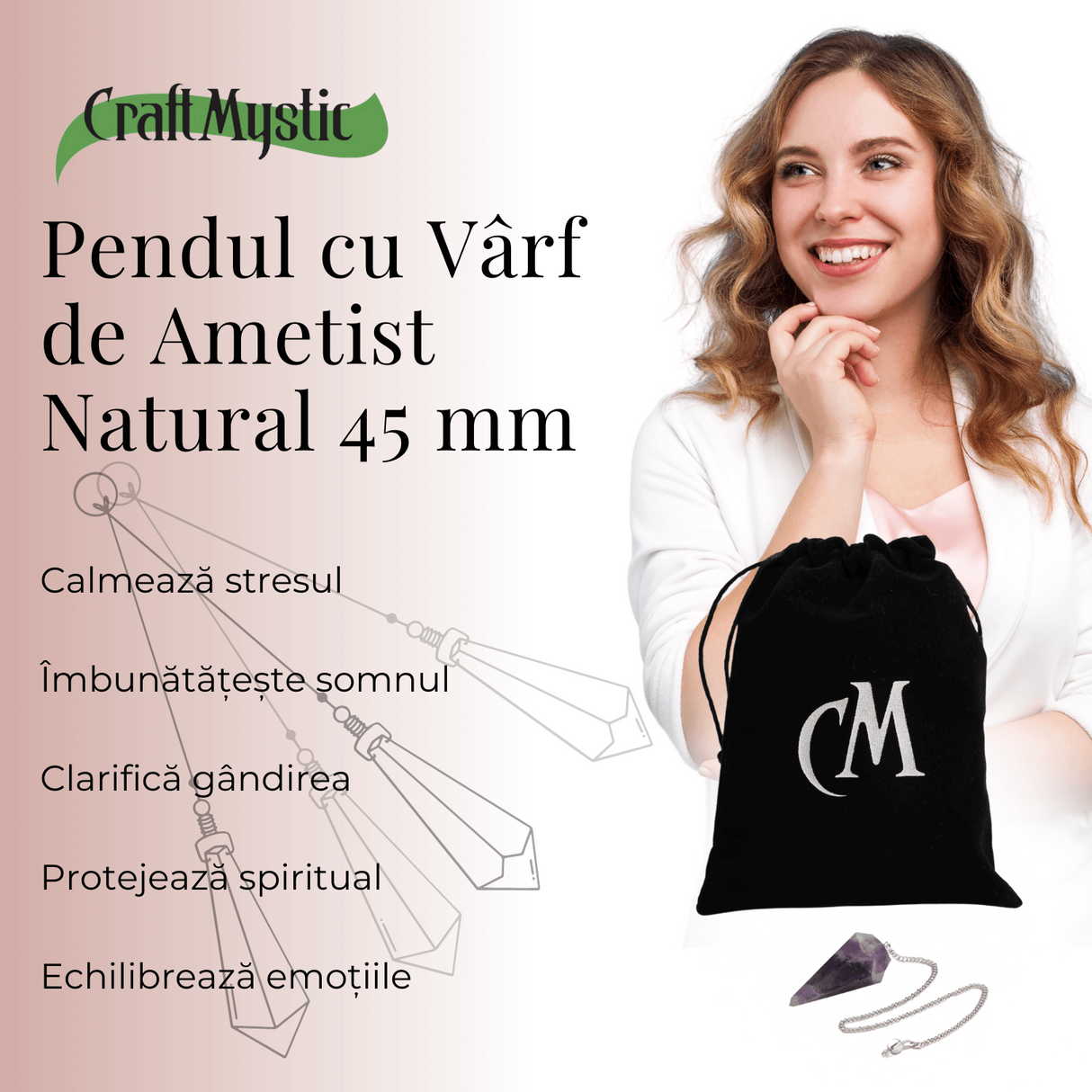 Pendul de Radiestezie cu Varf de Ametist Natural 45 mm