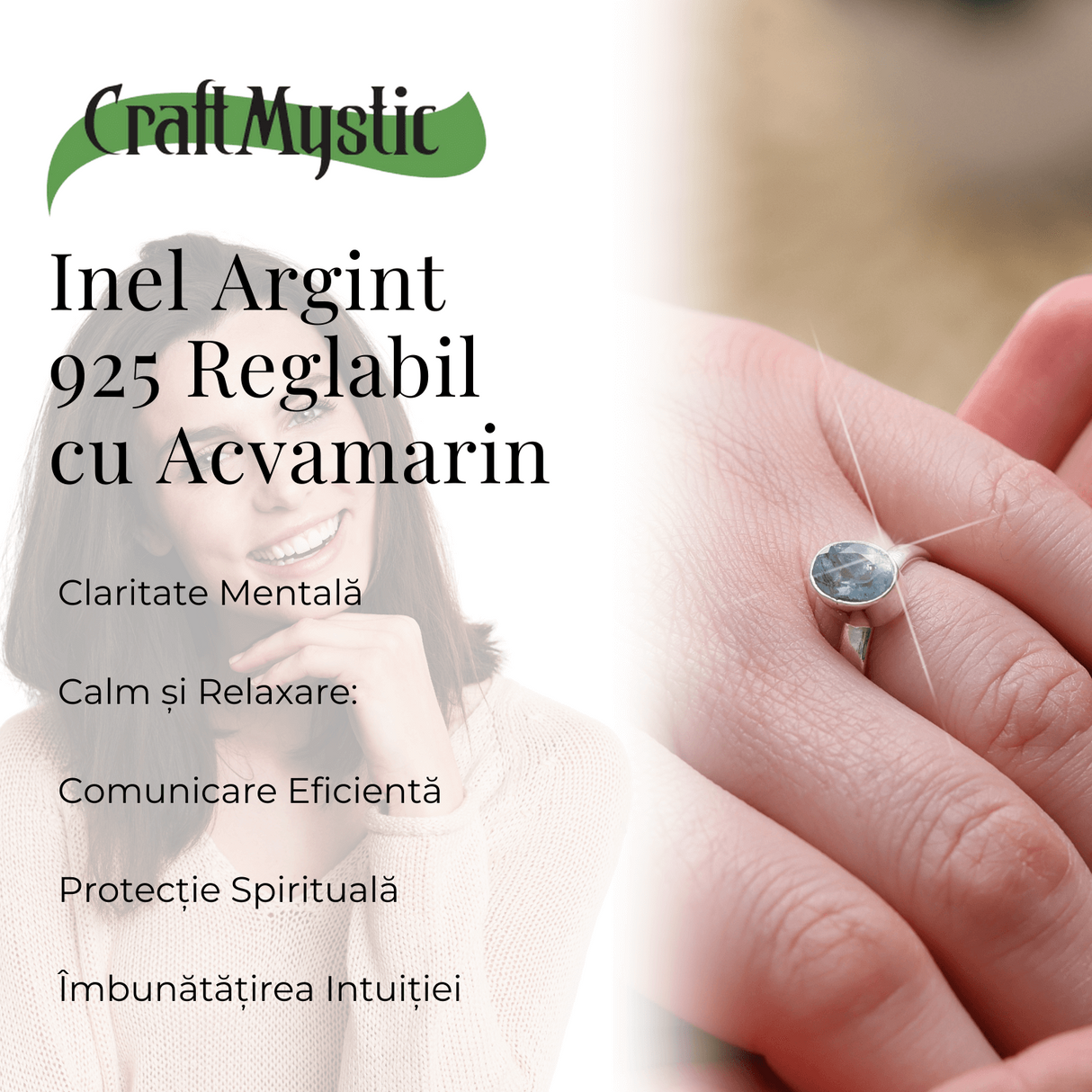  Inel Reglabil din Argint 925 cu Piatra Naturala de Acvamarin