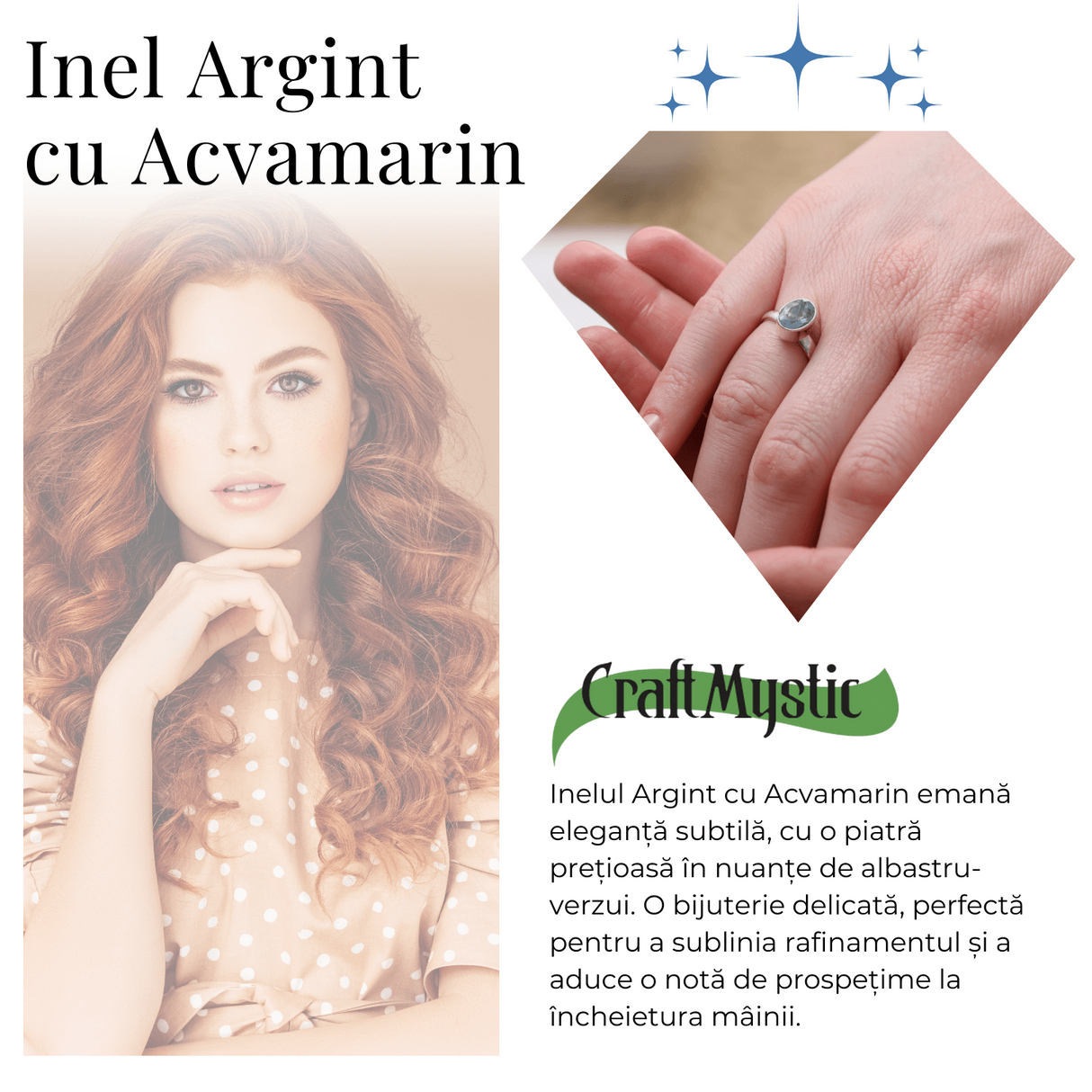  Inel Reglabil din Argint 925 cu Piatra Naturala de Acvamarin