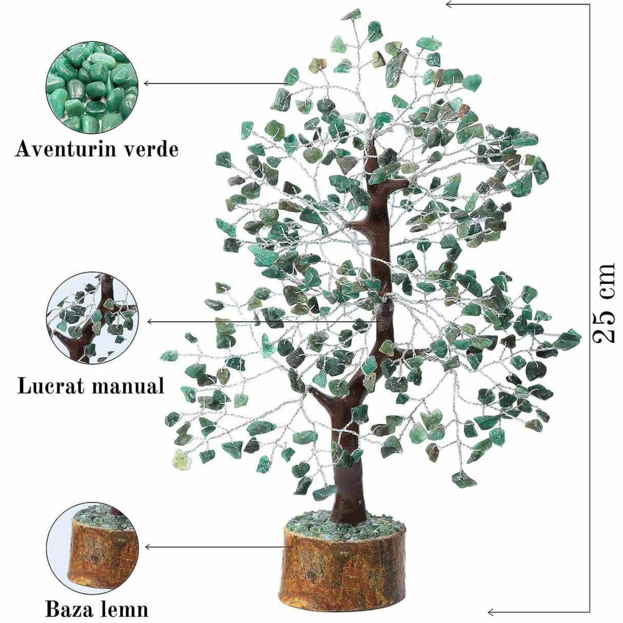 Arbore 25 cm cu pietricele semipretioase din Aventurin Verde - Copacel Terapeutic pentru Echilibru si Bunastare - Decor Feng Shui pentru Acasa si Birou - Cadou pentru Noroc si Prosperitate