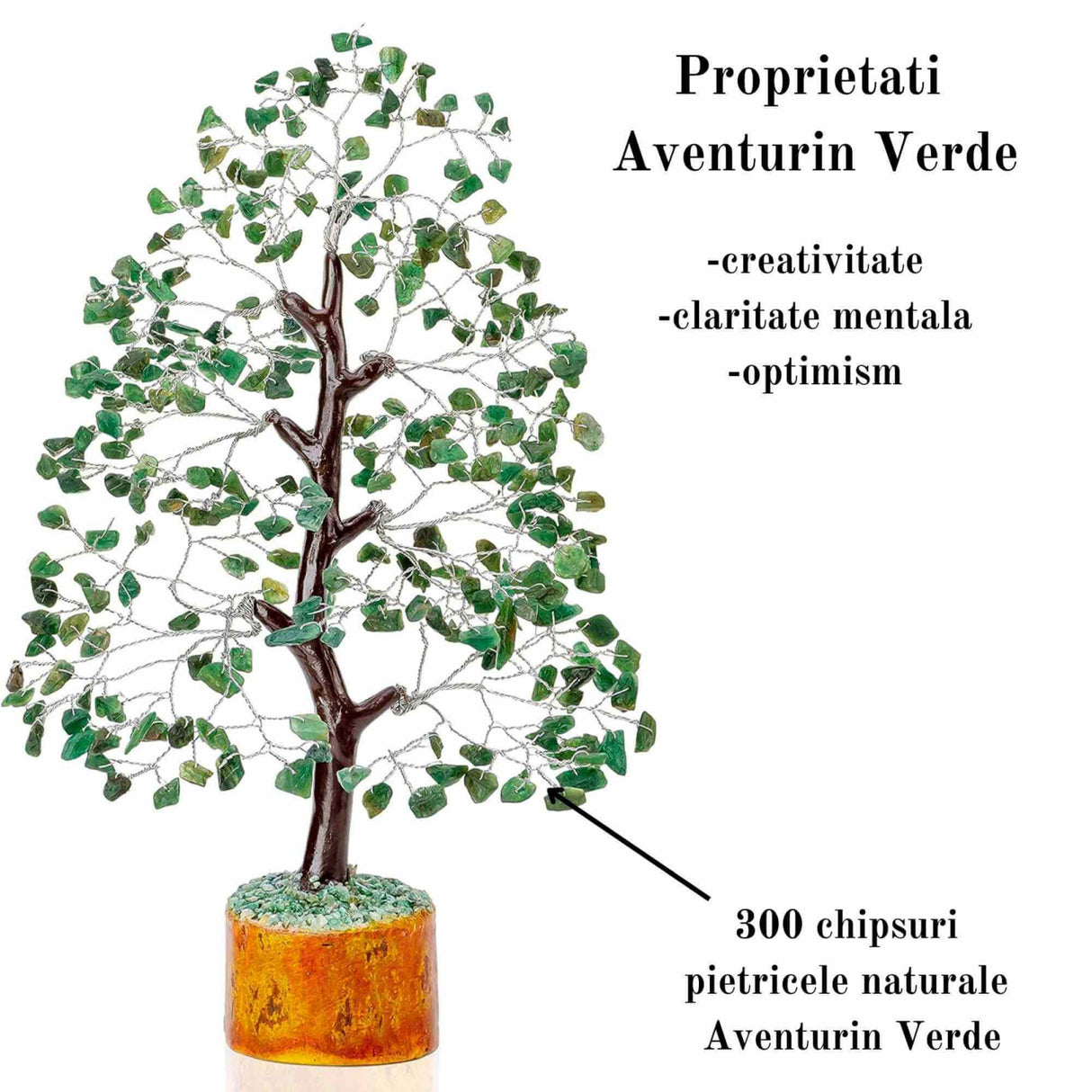 Arbore 25 cm cu pietricele semipretioase din Aventurin Verde - Copacel Terapeutic pentru Echilibru si Bunastare - Decor Feng Shui pentru Acasa si Birou - Cadou pentru Noroc si Prosperitate