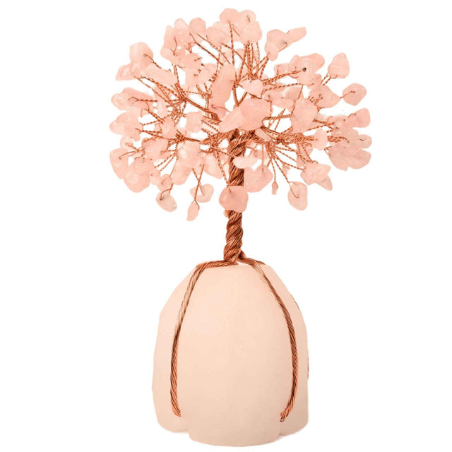 Arborele vietii 13-14 cm din pietre semipretioase polisate de cuart roz si baza de piatra naturala de cuart transparent - Copacel de cristal pentru energie pozitiva atrage norocul, decor Feng Shui, cadou spiritual