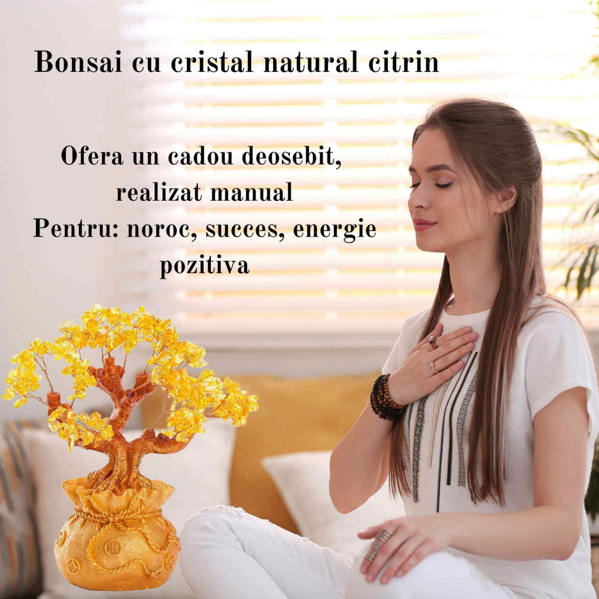 Bonsai cu cristale naturale citrin, supranumit "copacul banilor" - Copacelul cu inaltimea de 25 cm reprezinta cadoul perfect pentru prosperitate, succes, energie pozitiva
