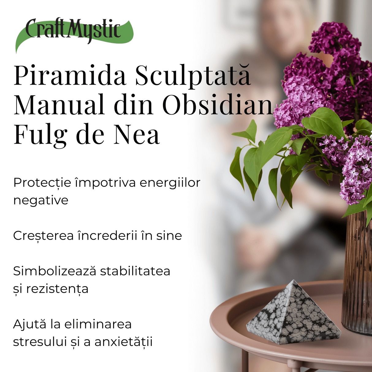 Piramida Sculptata Manual 60mm din Piatra Obsidian Fulg de Nea Natural