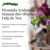 Piramida Sculptata Manual 60mm din Piatra Obsidian Fulg de Nea Natural
