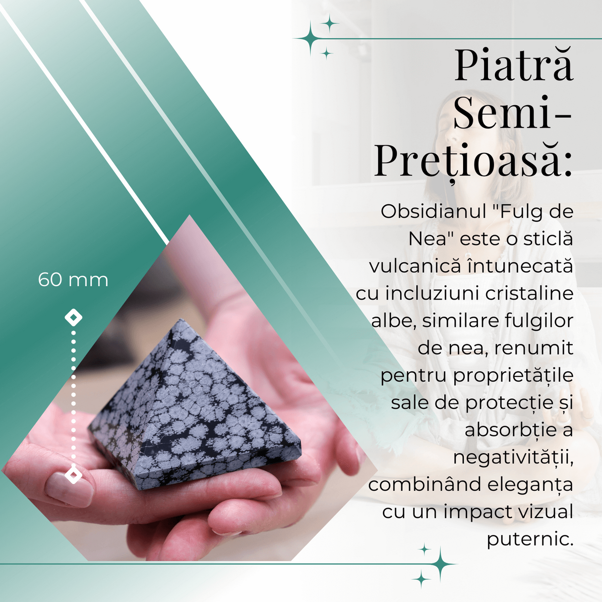 Piramida Sculptata Manual 60mm din Piatra Obsidian Fulg de Nea Natural
