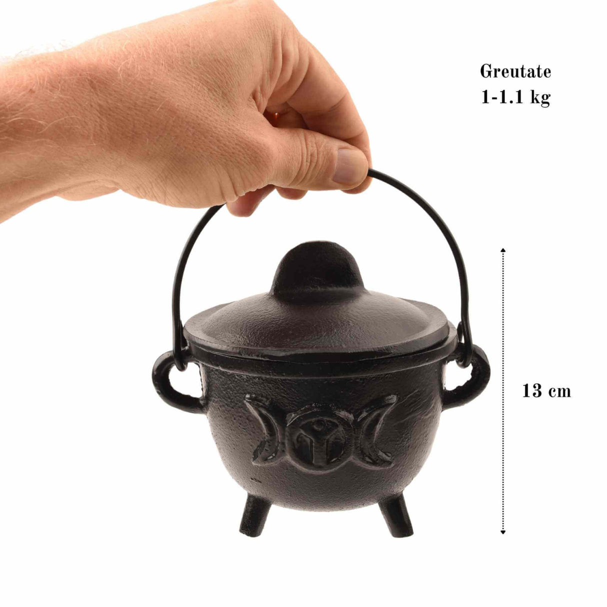 Ceaun "Cauldron" din Fonta cu design Triple Moon, cu Capac si Maner - Cazan de Vrajitoare, Ideal pentru Arderea Tamaii pe Carbune si Smudging cu Salvie