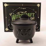 Ceaun "Cauldron" din Fonta cu design Triple Moon, cu Capac si Maner - Cazan de Vrajitoare, Ideal pentru Arderea Tamaii pe Carbune si Smudging cu Salvie