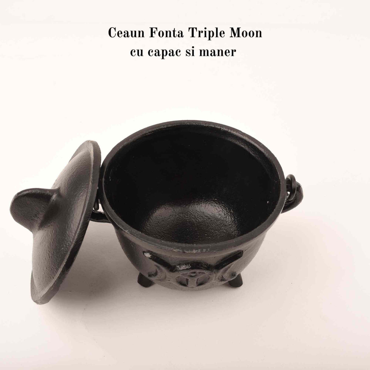 Ceaun "Cauldron" din Fonta cu design Triple Moon, cu Capac si Maner - Cazan de Vrajitoare, Ideal pentru Arderea Tamaii pe Carbune si Smudging cu Salvie