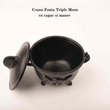 Ceaun "Cauldron" din Fonta cu design Triple Moon, cu Capac si Maner - Cazan de Vrajitoare, Ideal pentru Arderea Tamaii pe Carbune si Smudging cu Salvie