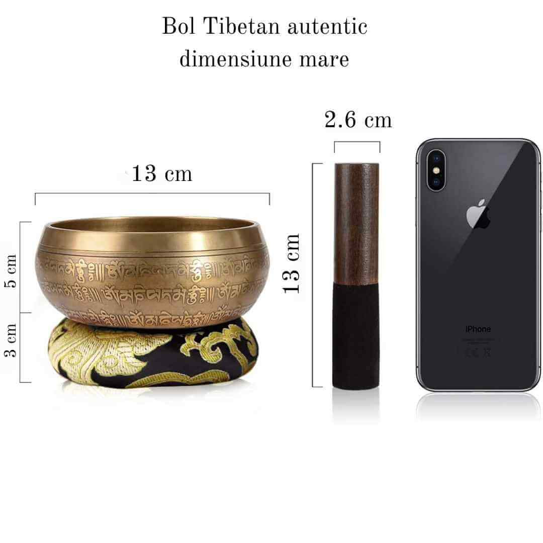 Set bol Tibetan de meditatie 13 cm gravura mantra, batut manual, sunet pentru yoga, vindecare chakre si meditatie Zen, cu ciocan din piele si perna de matase
