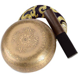 Set bol Tibetan de meditatie 13 cm gravura mantra, batut manual, sunet pentru yoga, vindecare chakre si meditatie Zen, cu ciocan din piele si perna de matase