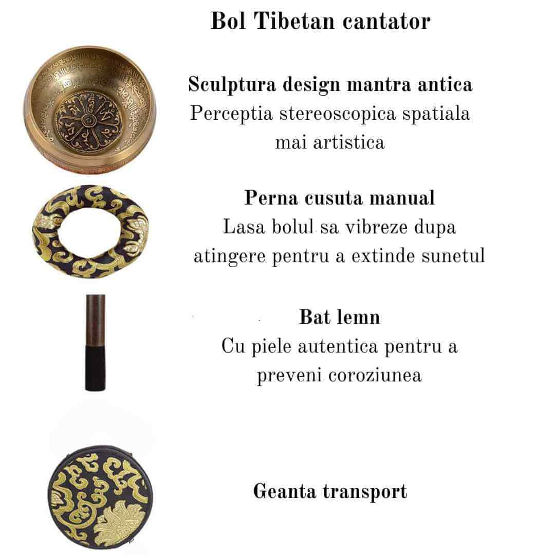 Set bol Tibetan de meditatie 13 cm gravura mantra, batut manual, sunet pentru yoga, vindecare chakre si meditatie Zen, cu ciocan din piele si perna de matase