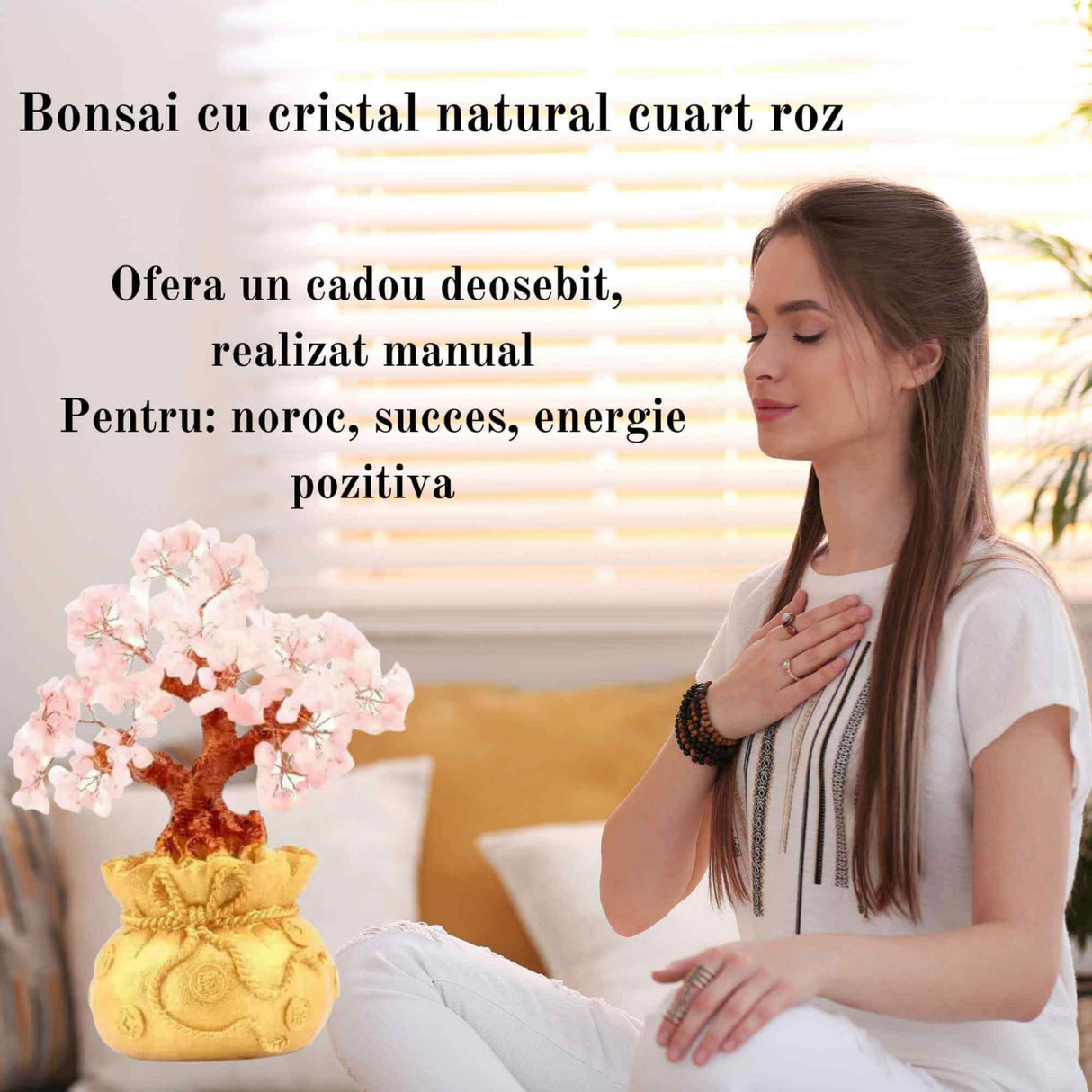 Bonsai cu cristale naturale cuart roz, supranumit "copacul banilor" - Copacelul cu inaltimea de 25 cm reprezinta cadoul perfect pentru prosperitate, succes, energie pozitiva