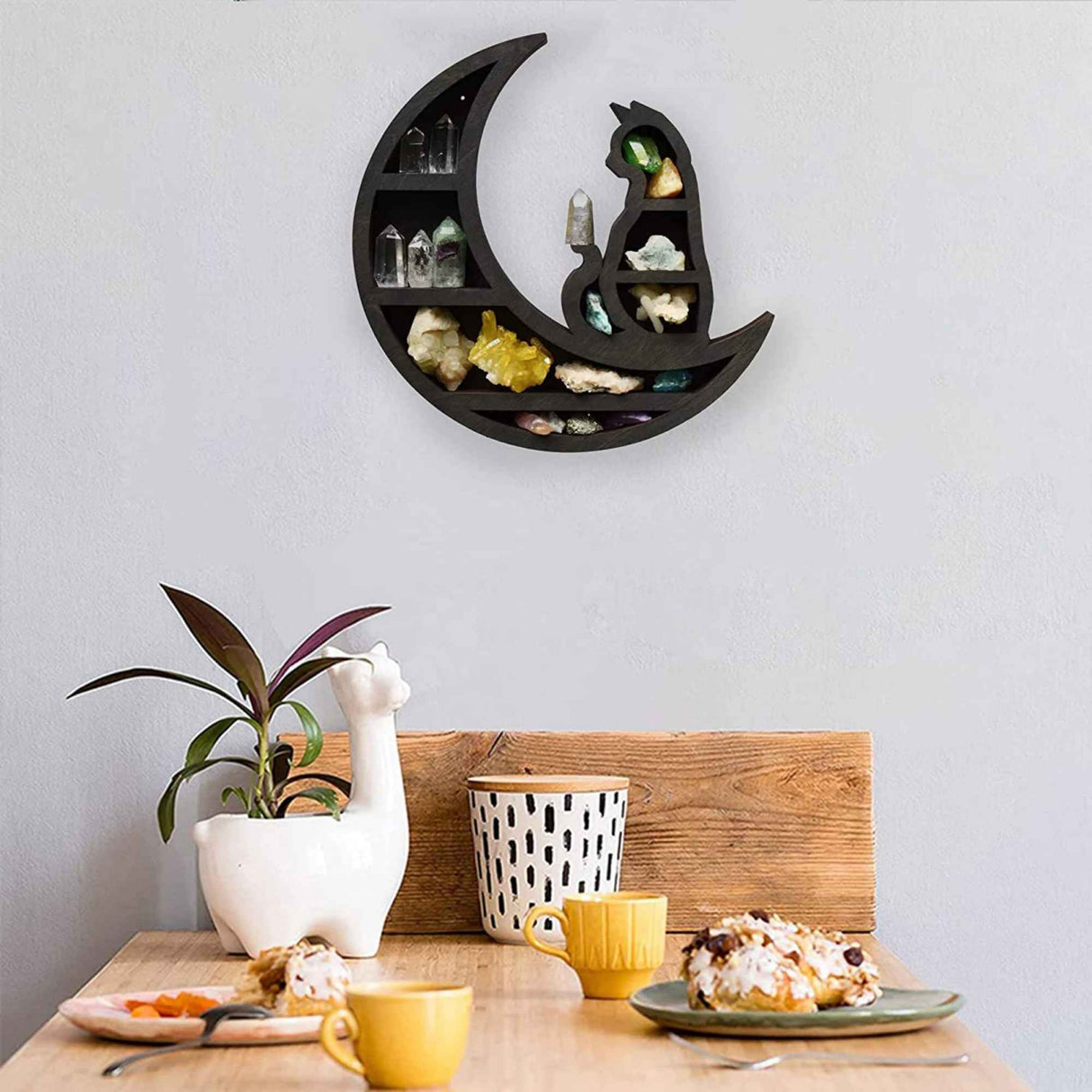 Mini Raft 30x30 cm expunere din lemn pentru cristale, uleiuri esensiale design Pisica neagra pe luna - Decorare gotică pentru cameră Moon Cat