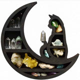 Mini Raft 30x30 cm expunere din lemn pentru cristale, uleiuri esensiale design Pisica neagra pe luna - Decorare gotică pentru cameră Moon Cat