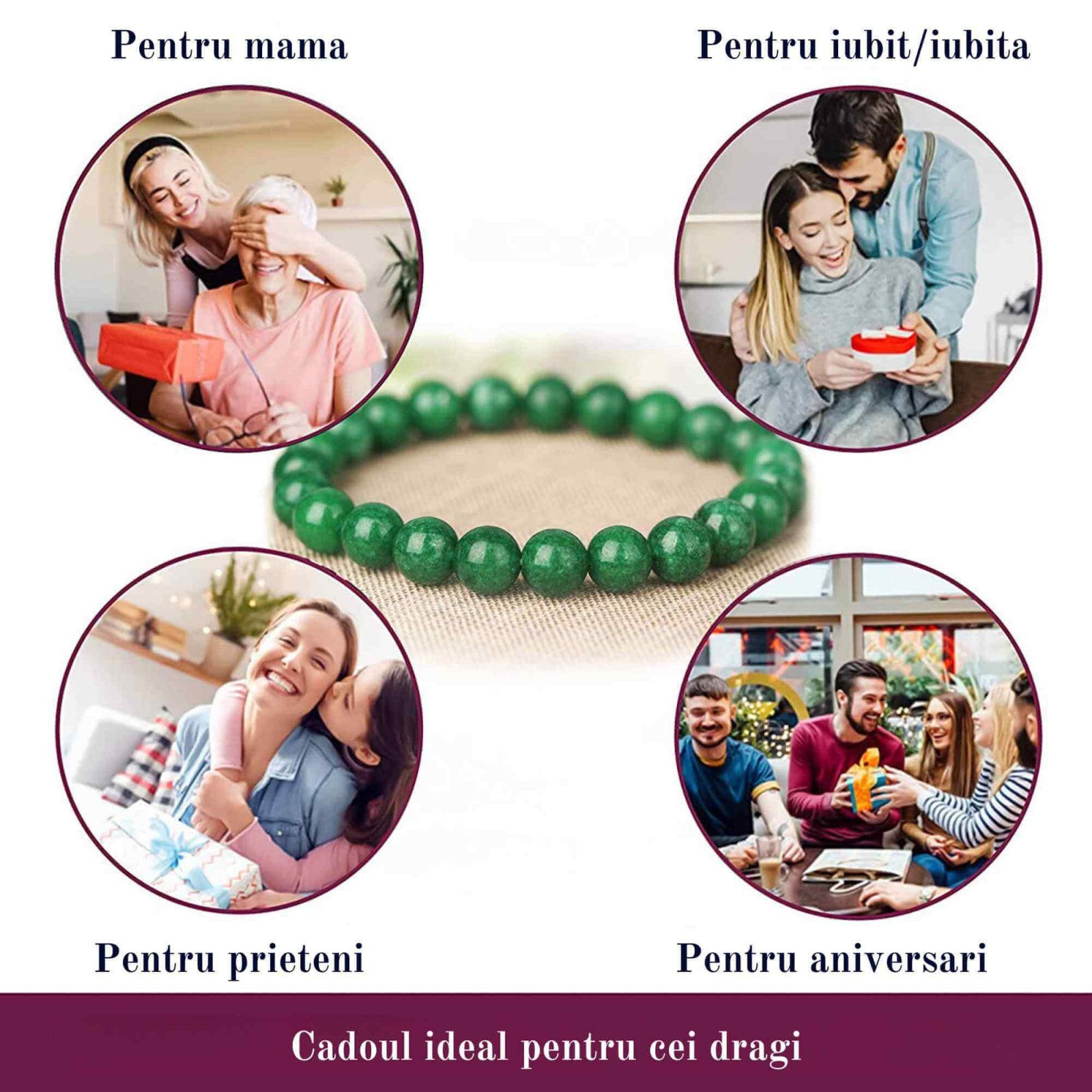 Bratara de jad cu margele de 8 mm pentru femei si barbati - Aduce noroc, bogatie, prosperitate