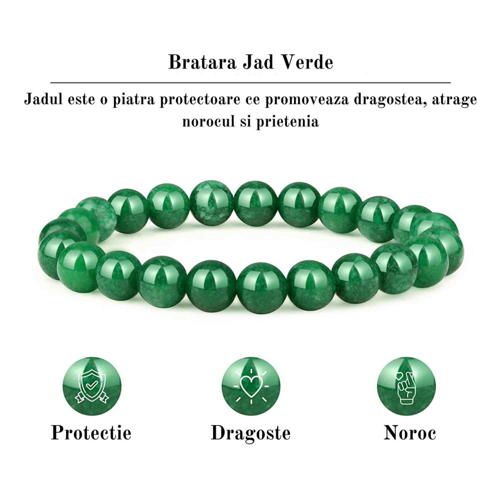 Bratara de jad cu margele de 8 mm pentru femei si barbati - Aduce noroc, bogatie, prosperitate