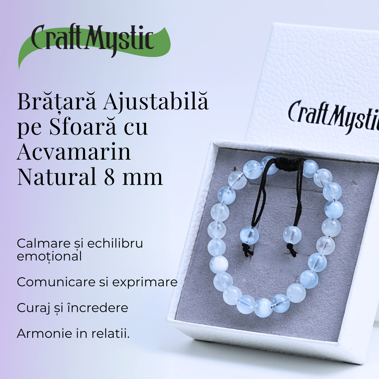 Bratara ajustabila cu Acvamarin natural pe sfoara, pentru calm si echilibru