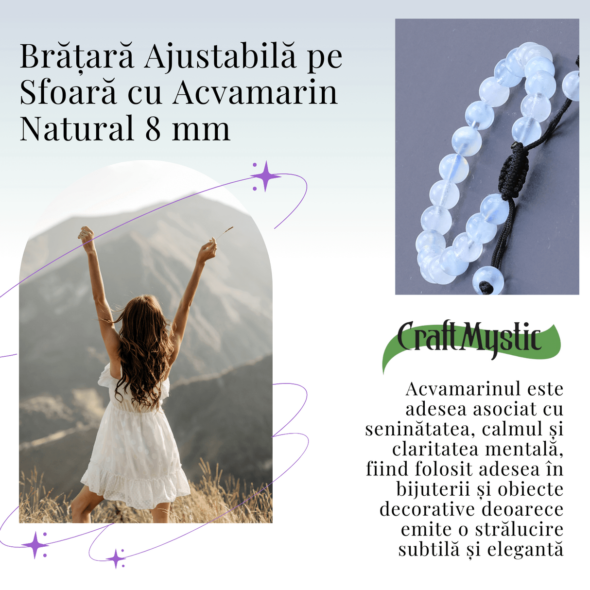 Bratara ajustabila cu Acvamarin natural pe sfoara, pentru calm si echilibru
