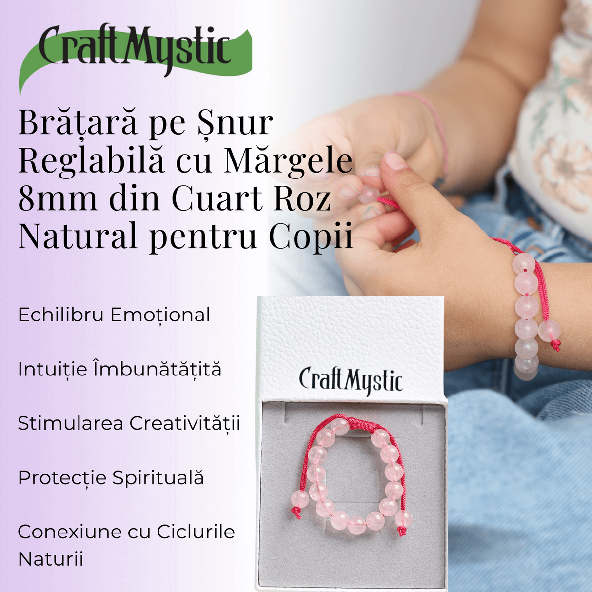 Bratara Cuart Roz 8mm pentru Copii, ajustabila – Echilibru și Afecțiune