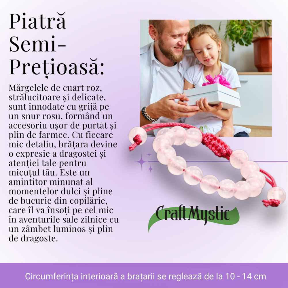 Bratara Cuart Roz 8mm pentru Copii, ajustabila – Echilibru și Afecțiune