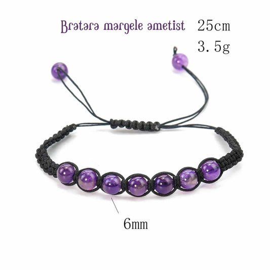 Bratara Handmade Reglabila cu Margele 6mm Rotunde de Ametist si Ciucuri Macrame