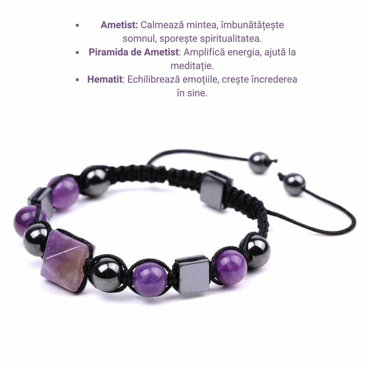 Bratara Ajustabila Impletita cu Margele din Ametist si Hematit de 8mm cu Piramida de Ametist - Cadou Special