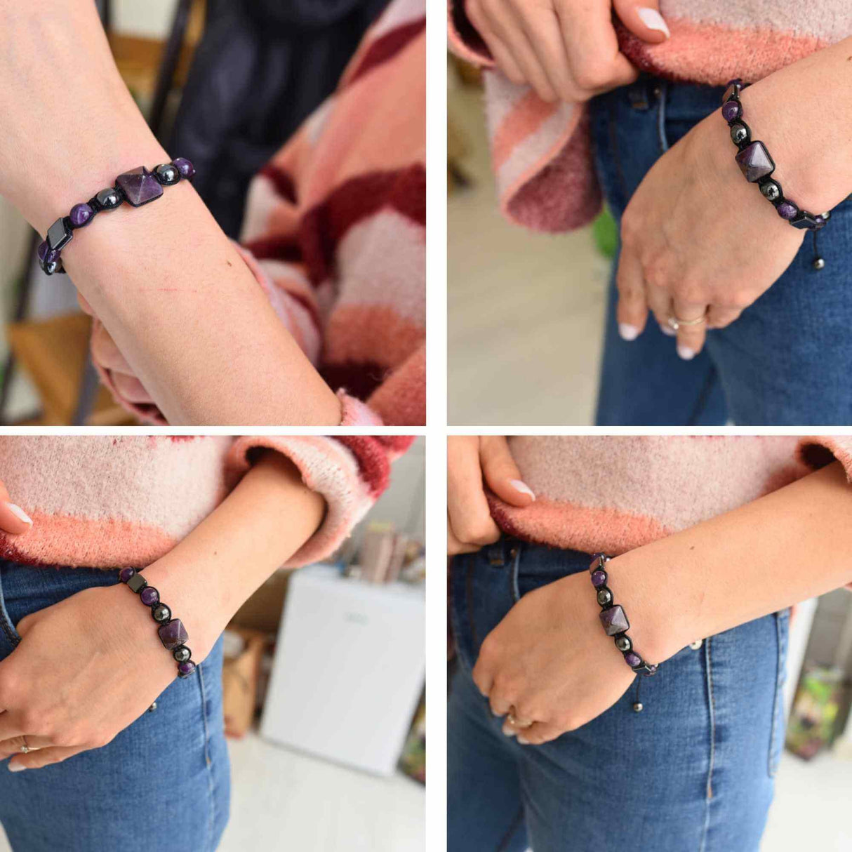 Bratara Ajustabila Impletita cu Margele din Ametist si Hematit de 8mm cu Piramida de Ametist - Cadou Special