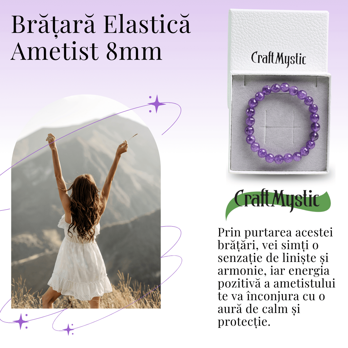 Bratara Eleganta Elastica cu Margele de 8mm Ametist Fatetat - Un Punct de Echilibru in Viata Ta