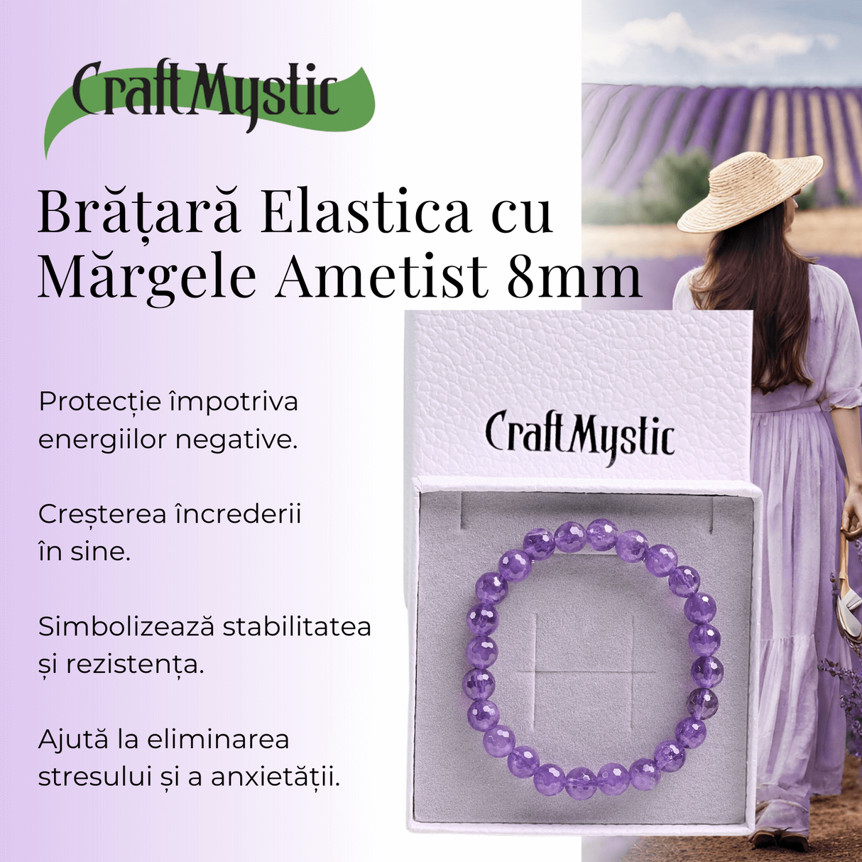 Bratara Eleganta Elastica cu Margele de 8mm Ametist Fatetat - Un Punct de Echilibru in Viata Ta