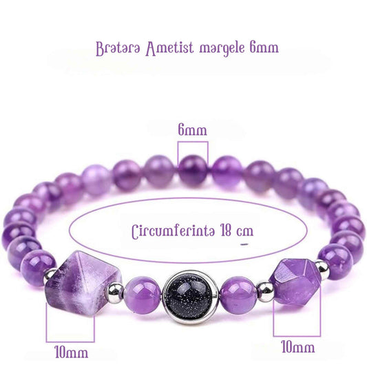 Bratara Elastica cu margele Ametist de 6mm si Farmecul Sistemului Solar - Bratara Handmade  pentru Femei