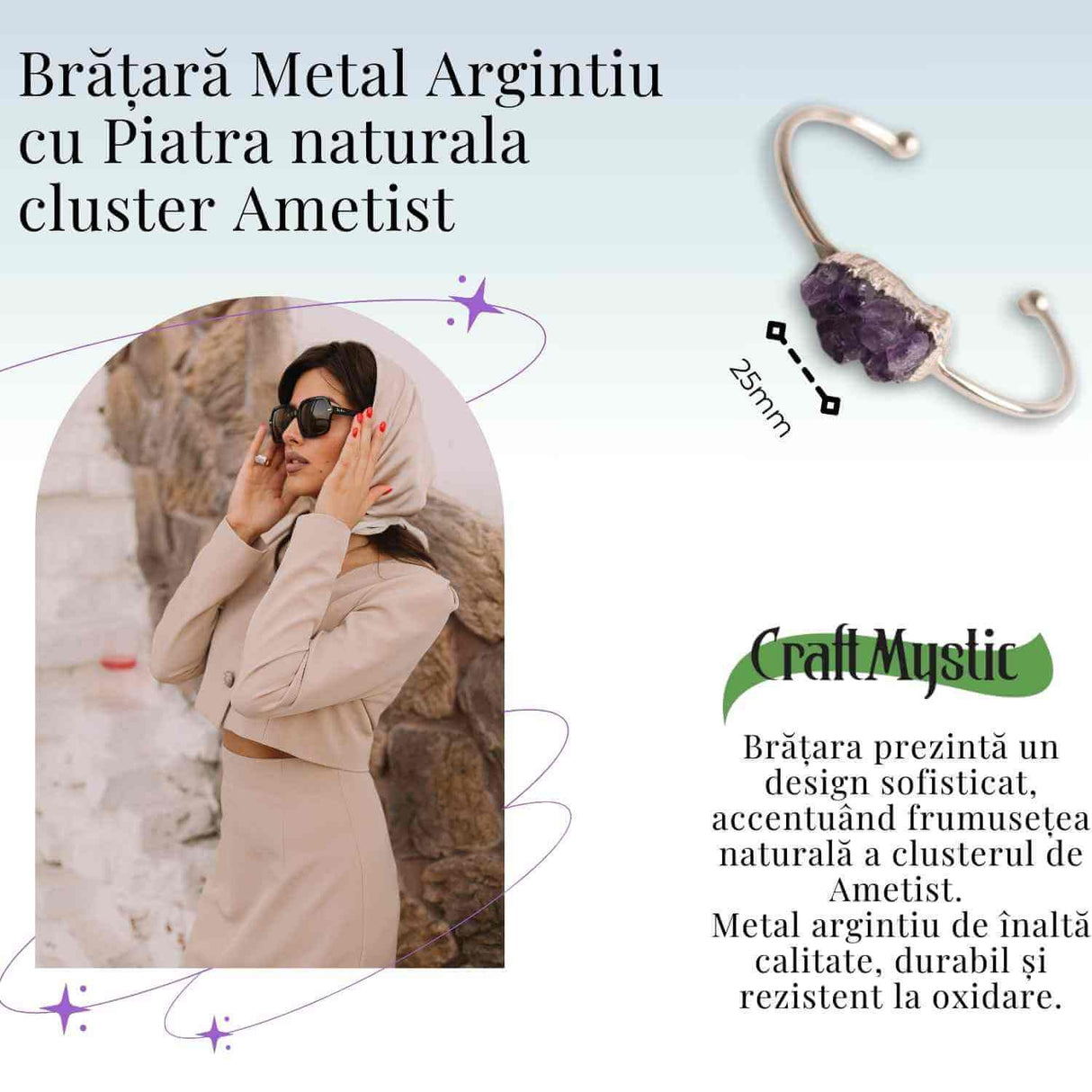 Bratara argintie cu piatra naturala in forma libera cluster Ametist - Pentru Claritate si Relaxare