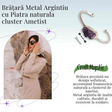 Bratara argintie cu piatra naturala in forma libera cluster Ametist - Pentru Claritate si Relaxare