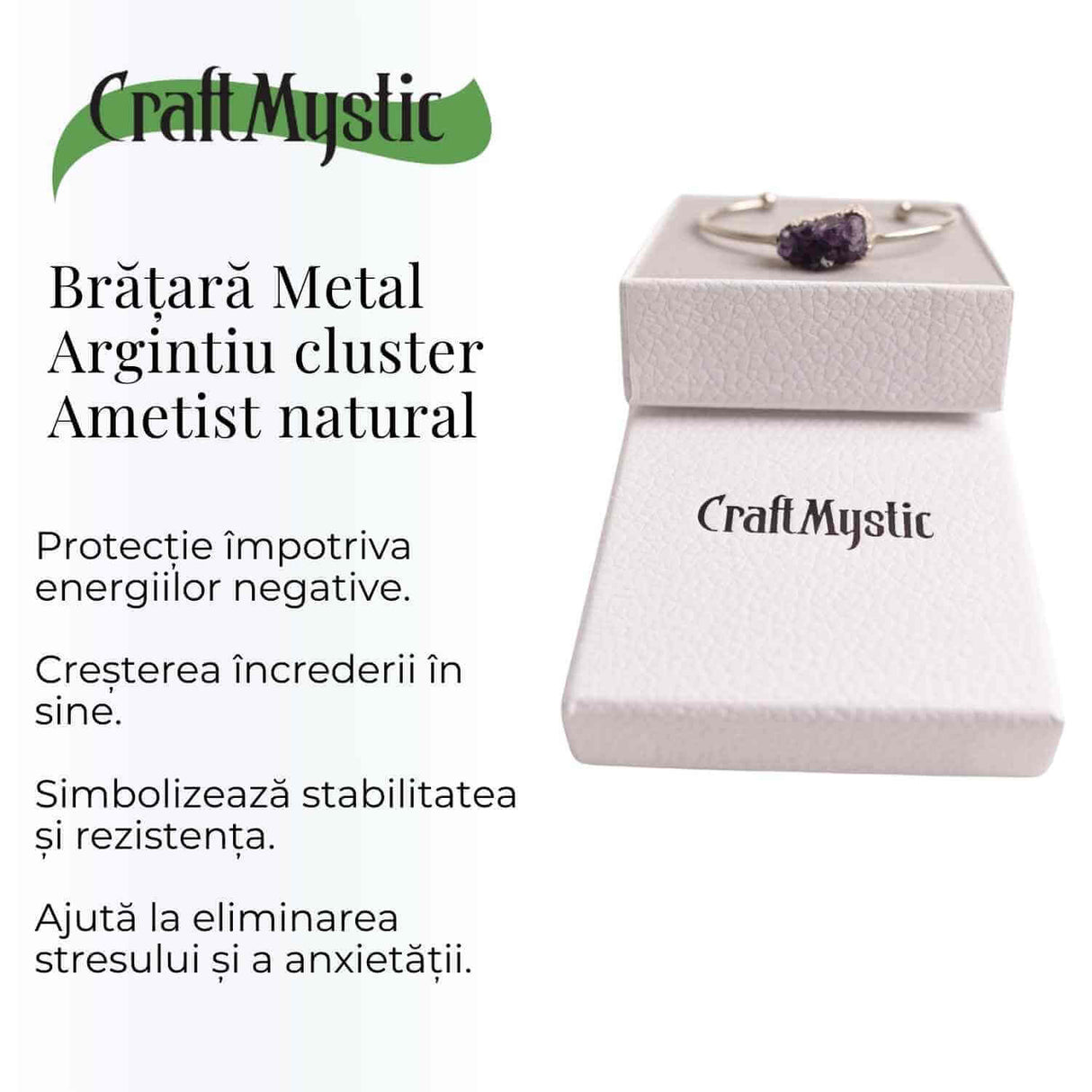 Bratara argintie cu piatra naturala in forma libera cluster Ametist - Pentru Claritate si Relaxare